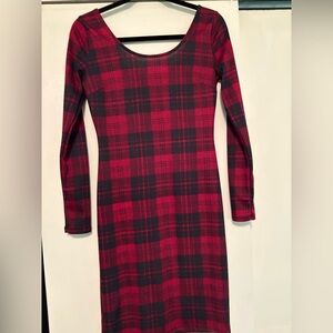 Plaid Long Sleeve Dress - Red and Black